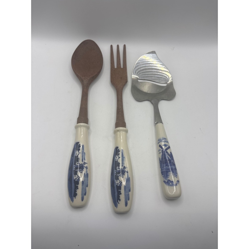 Vintage Delft Blue Ceramic Handle Cheese Slicer Wooden Salad Fork Spoon Set 3pc